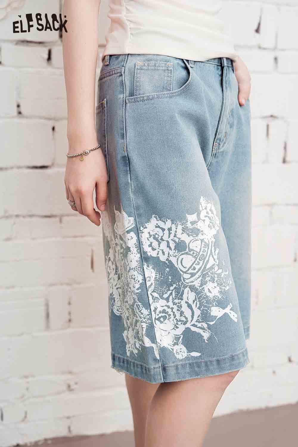 ELFSACK Vintage Floral Print Denim Bermuda Shorts