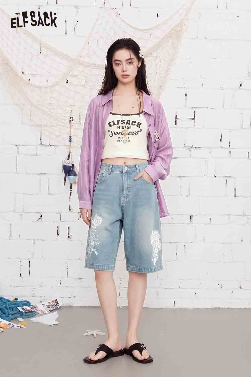 ELFSACK Vintage Floral Print Denim Bermuda Shorts