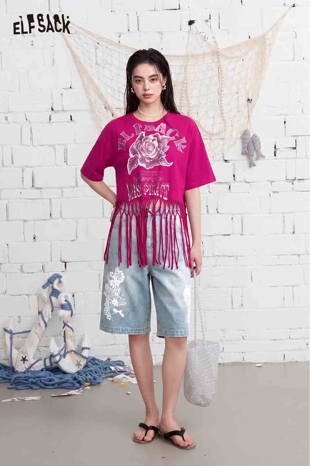 ELFSACK Vintage Floral Print Denim Bermuda Shorts