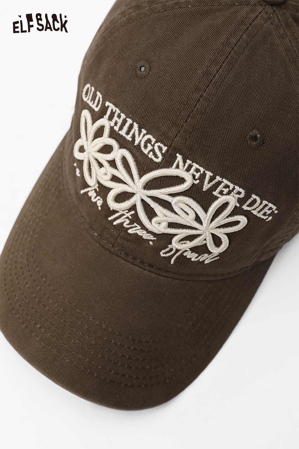 Brown vintage flower embroidered baseball cap by ELFSACK with a stylish floral design