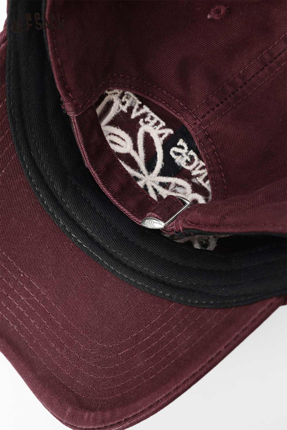 Inside view of ELFSACK vintage flower embroidered baseball cap in burgundy with detailed stitching