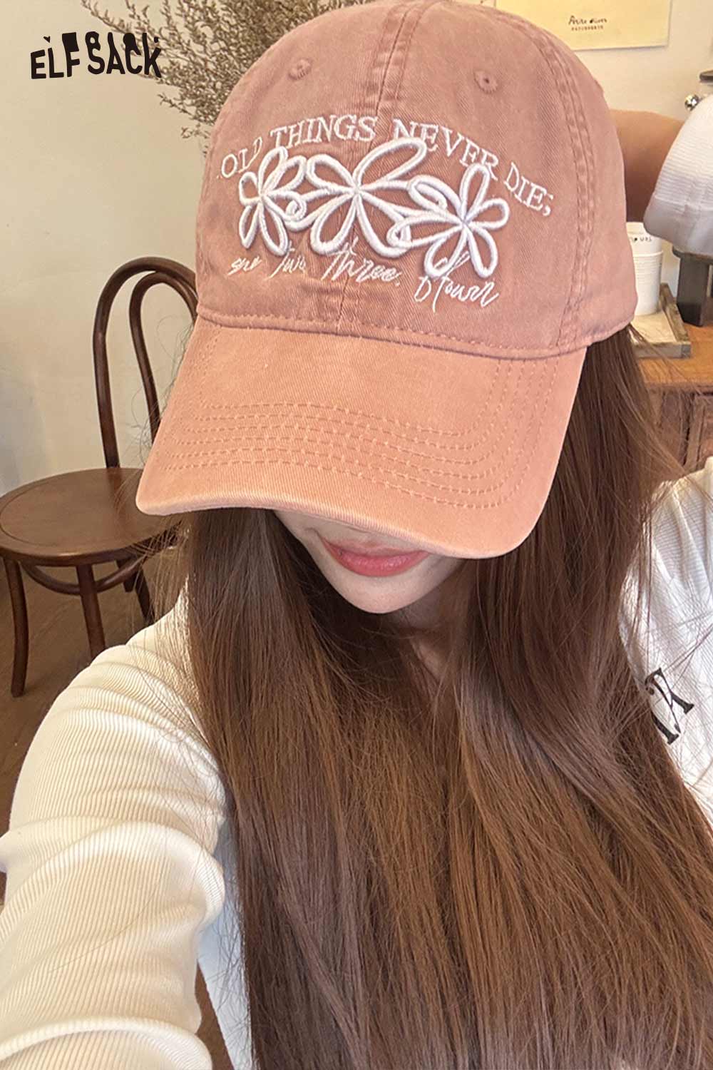 ELFSACK vintage flower embroidered baseball cap in soft pink with floral design and slogan