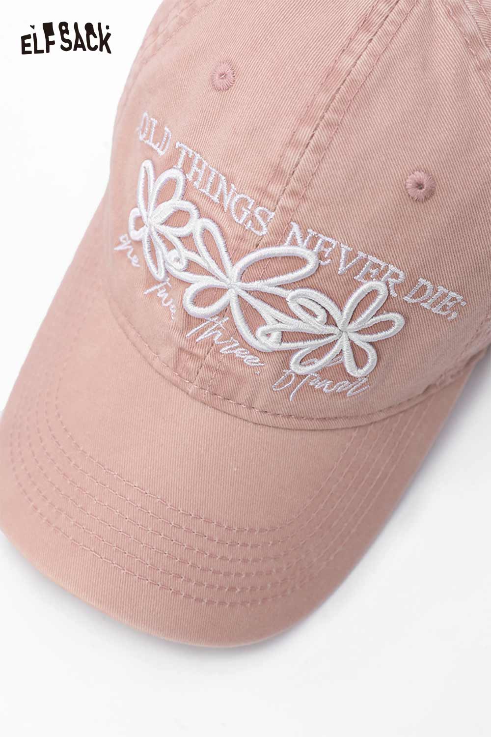 ELFSACK vintage flower embroidered baseball cap in soft pink color with floral design and slogan