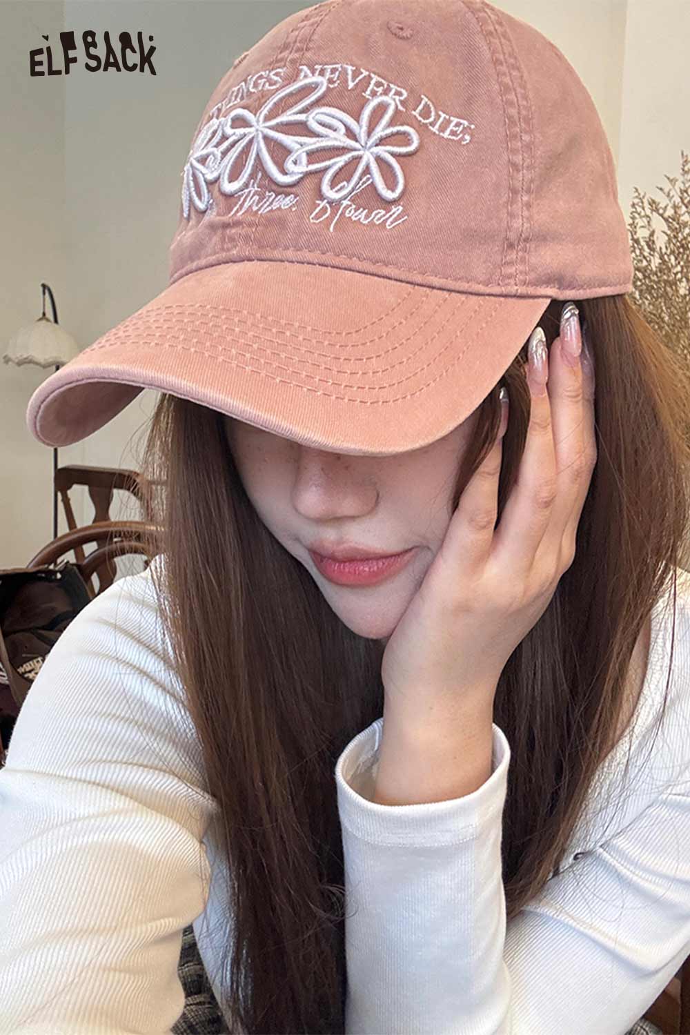 ELFSACK vintage flower embroidered baseball cap in pink with floral designs and inspirational text