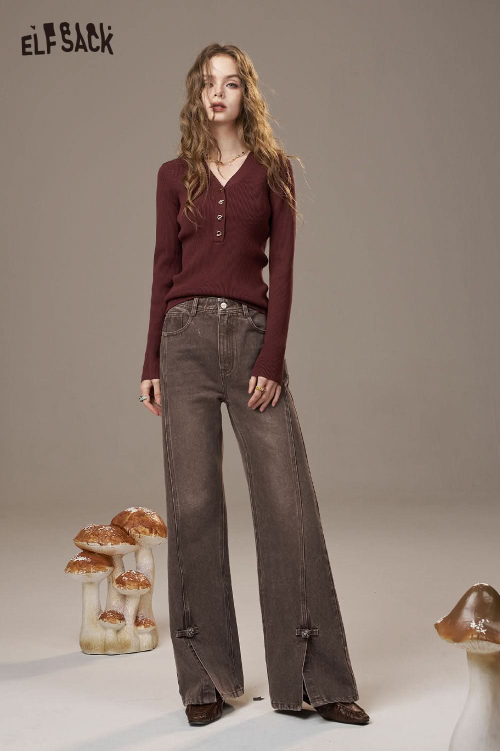 ELFSACK vintage frog button denim jeans in brown with wide legs and unique stitching details