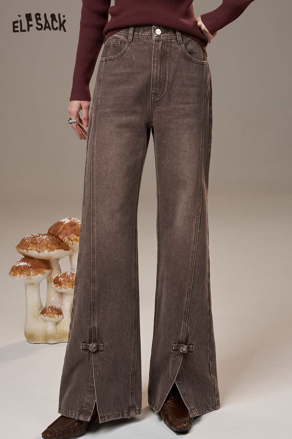 ELFSACK vintage frog button denim jeans in brown with wide legs and unique split design