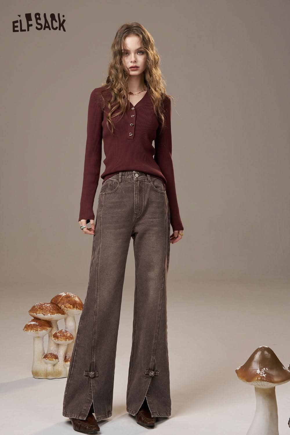 ELFSACK vintage frog button denim jeans in brown with wide legs and unique button details