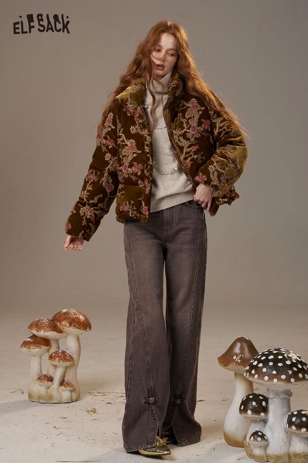 ELFSACK vintage frog button denim jeans styled with a floral jacket in a whimsical setting