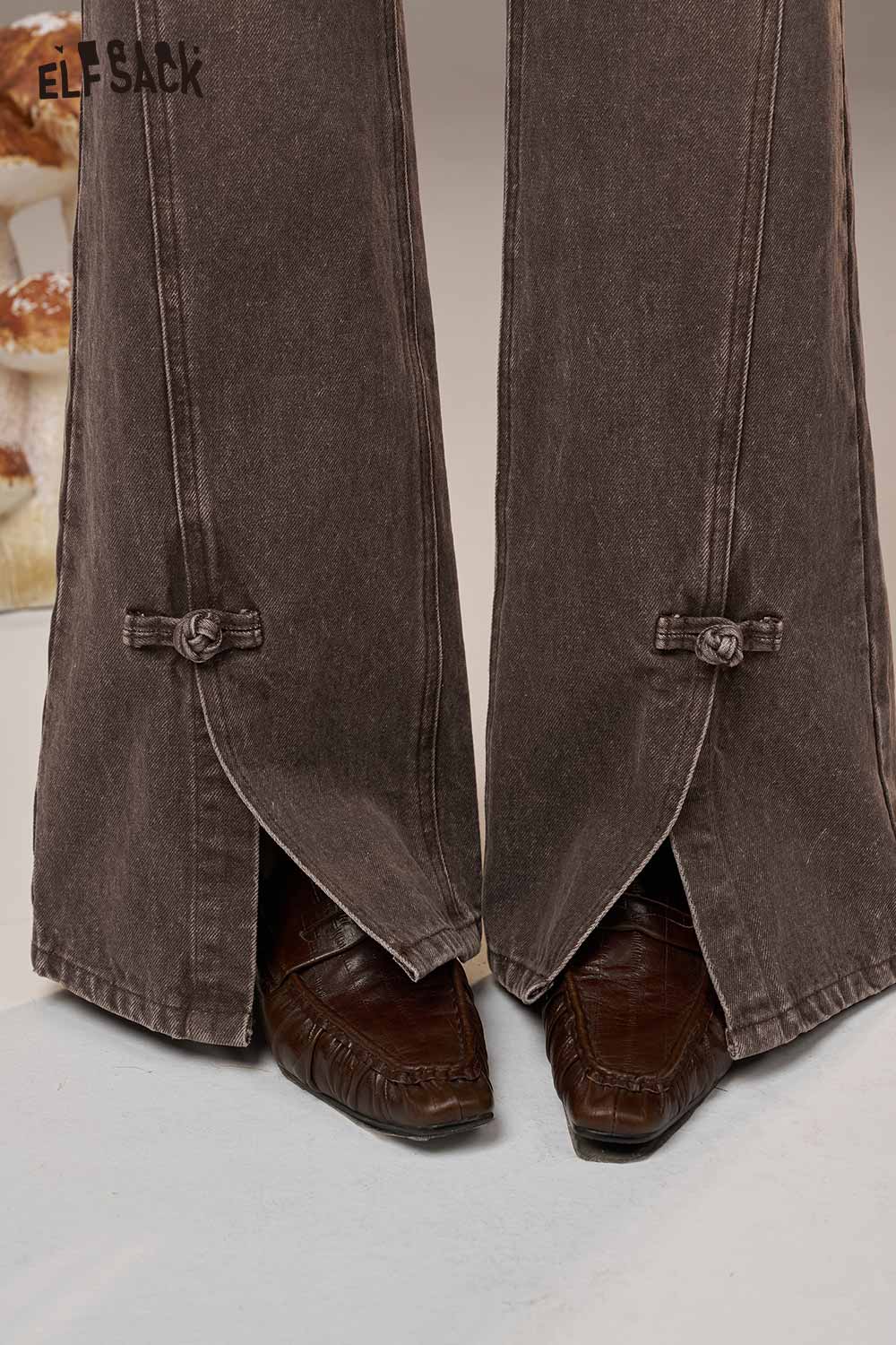 Brown vintage frog button denim jeans with split hems and stylish tie details by ELFSACK