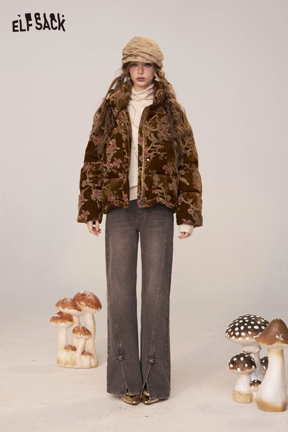 ELFSACK vintage frog button denim jeans styled with a cozy jacket and whimsical mushroom decor