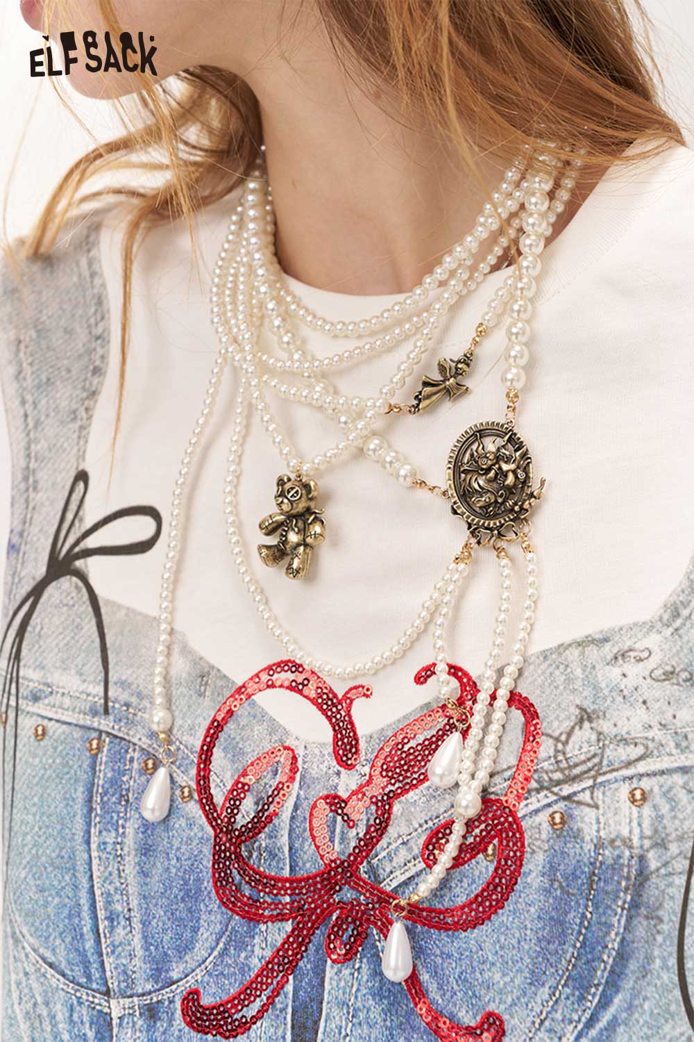 ELFSACK vintage gothic pearl necklace layered with charms for a unique fashion statement