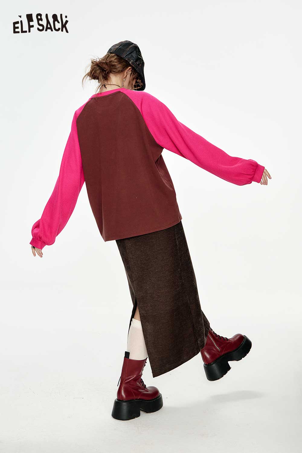 ELFSACK Vintage High Waist Patchwork Chenille Long Skirt