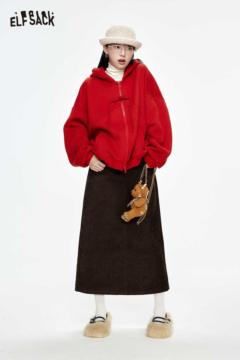 ELFSACK Vintage High Waist Patchwork Chenille Long Skirt