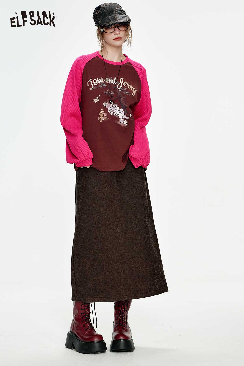 ELFSACK Vintage High Waist Patchwork Chenille Long Skirt