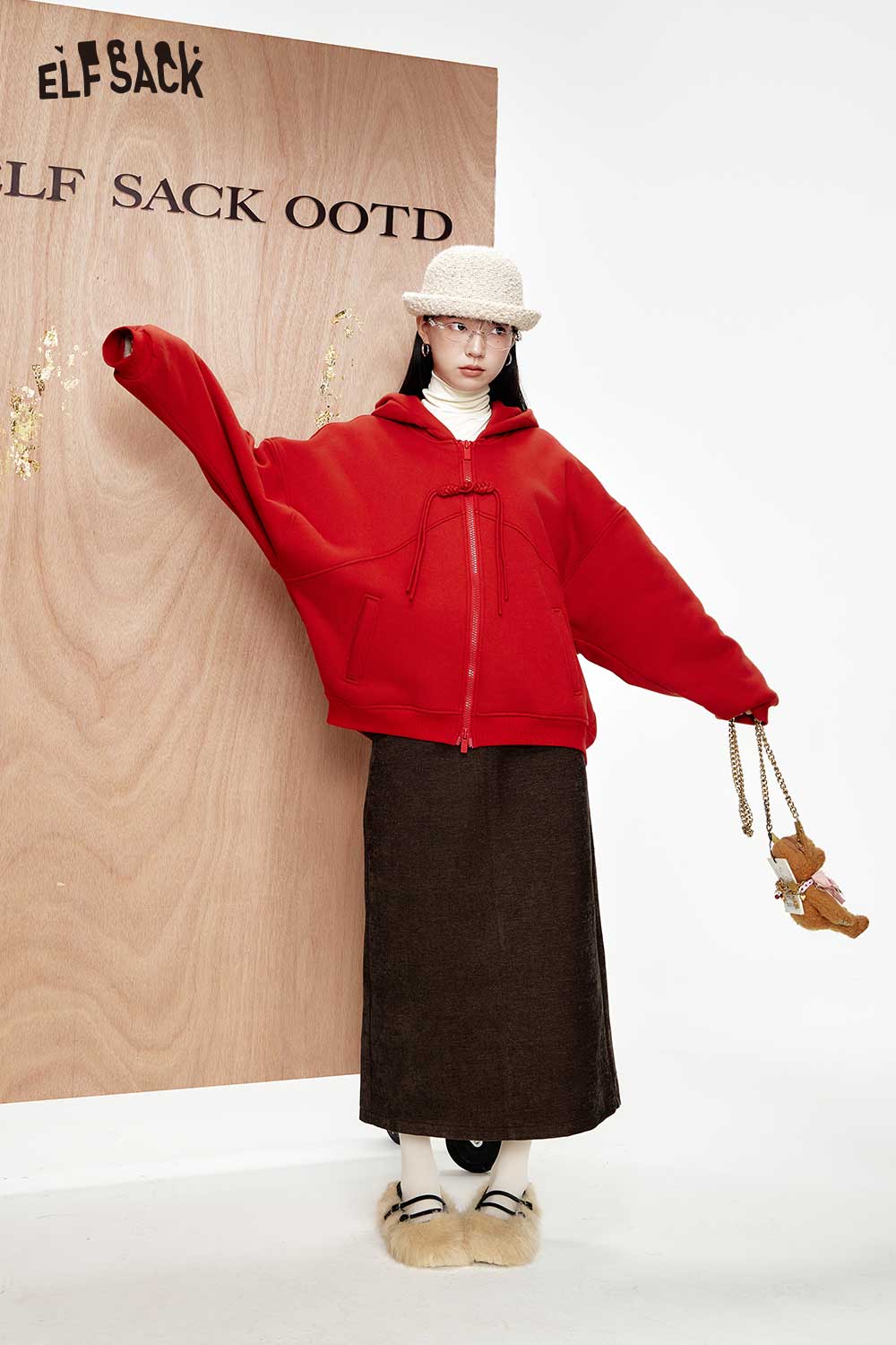 ELFSACK Vintage High Waist Patchwork Chenille Long Skirt