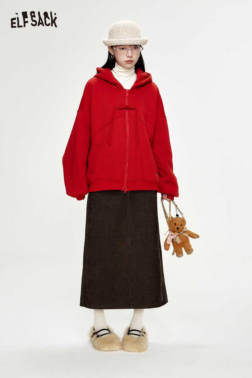 ELFSACK Vintage High Waist Patchwork Chenille Long Skirt