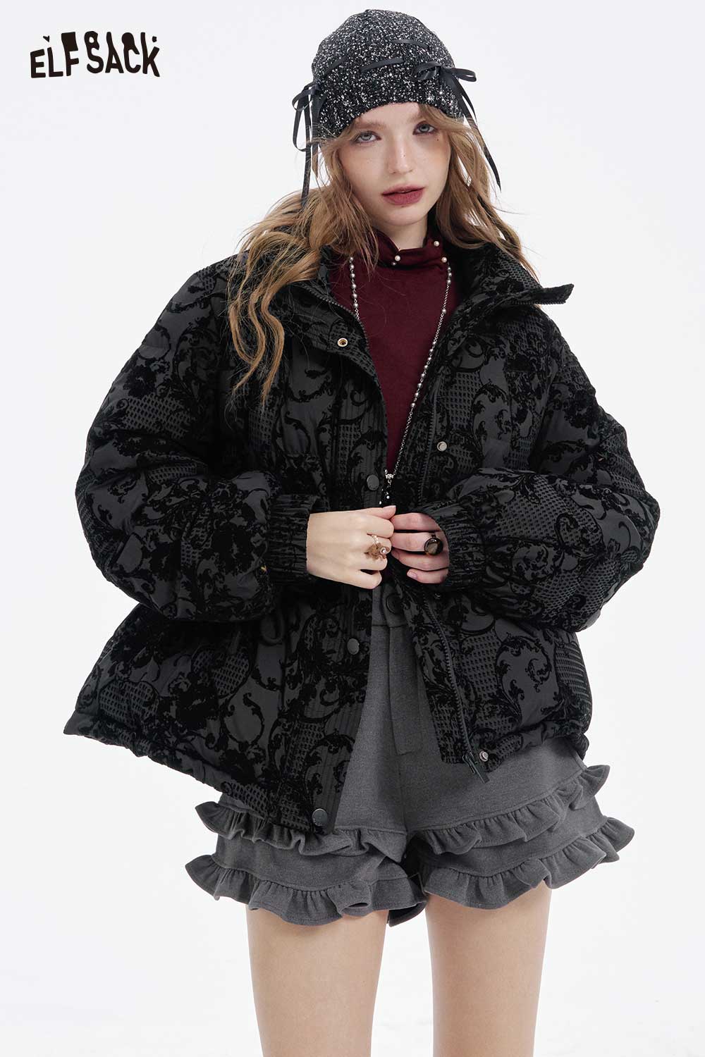 ELFSACK vintage jacquard puffy down coat in black with stylish design, perfect for winter fashion