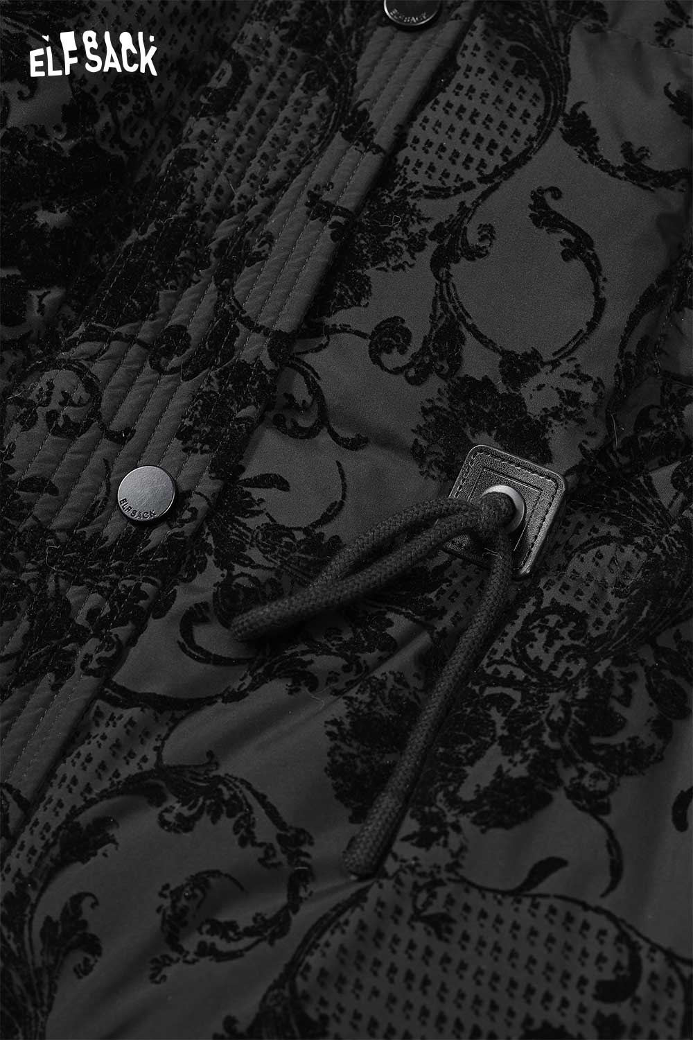 Close-up of ELFSACK vintage jacquard puffy down coat featuring intricate fabric design and adjustable drawstring