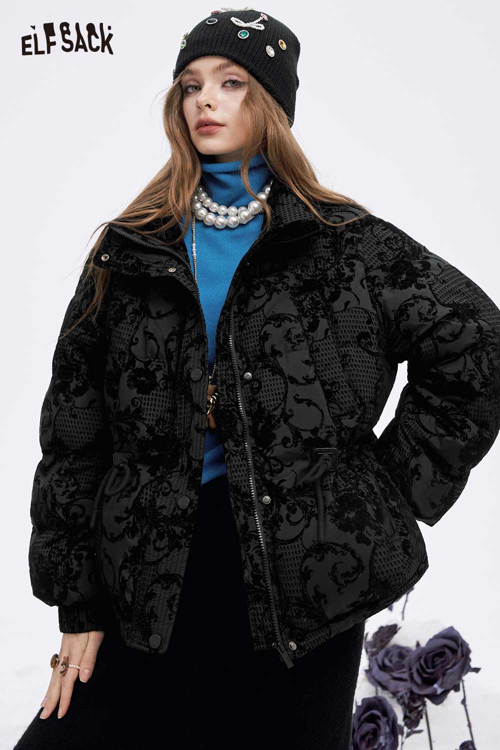 ELFSACK vintage jacquard puffy down coat featuring a stylish, oversized design and intricate patterns