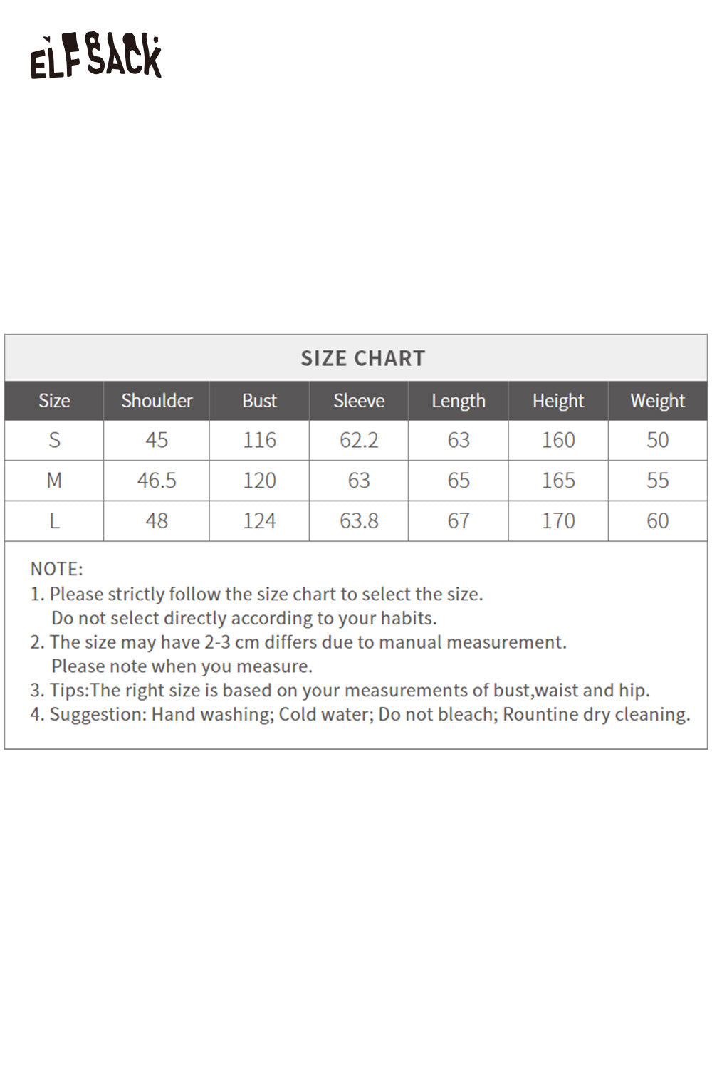 Size chart for ELFSACK vintage jacquard puffy down coat with measurements for optimal fit
