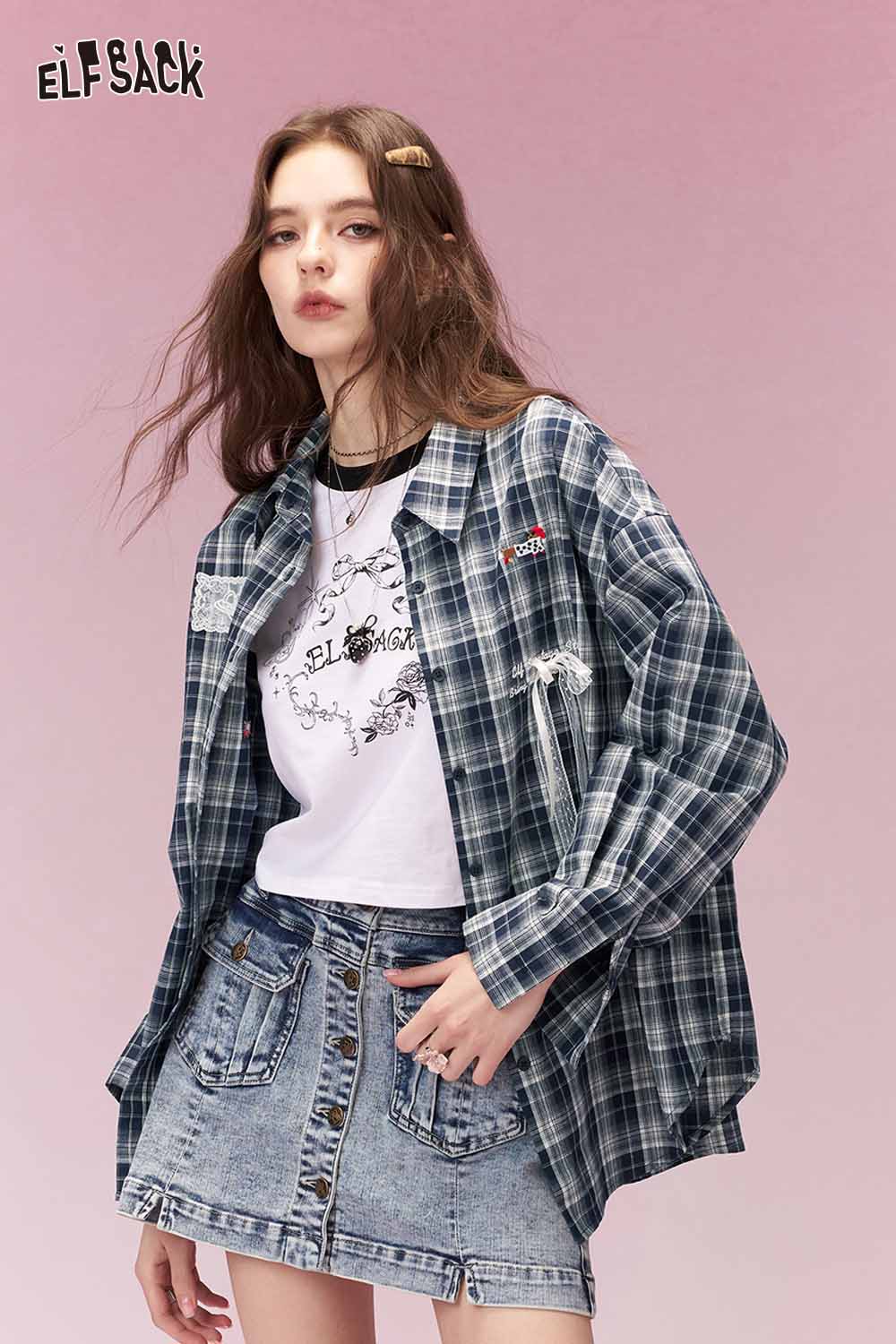 ELFSACK vintage lace insert checkered shirt styled with a graphic tee and denim skirt