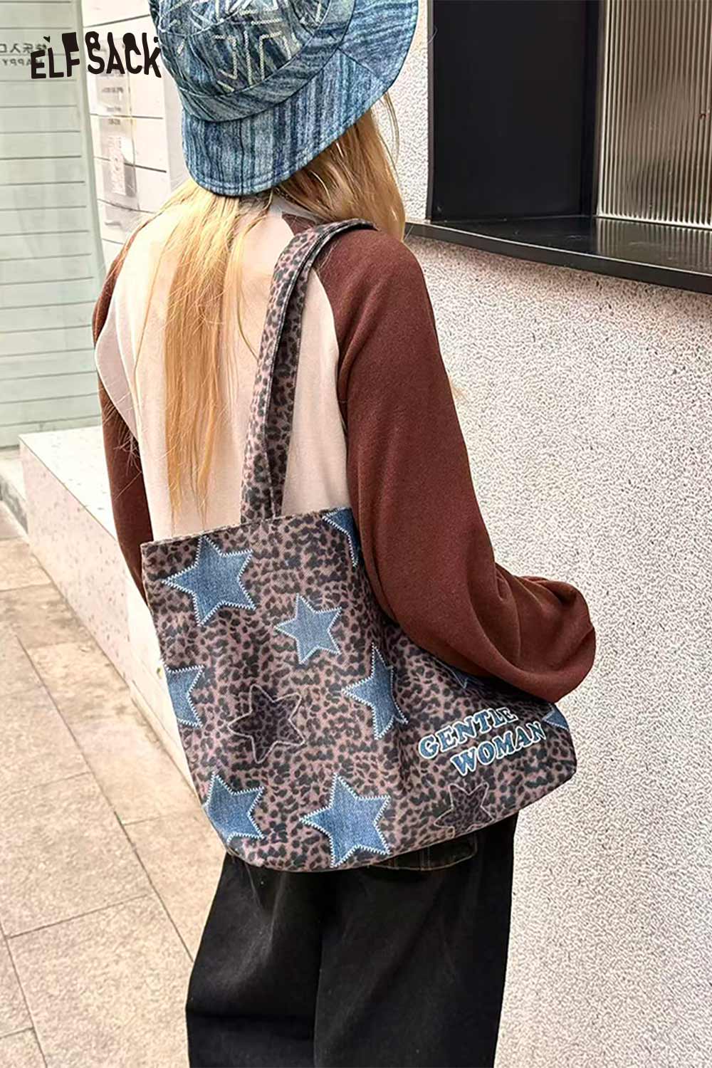 ELFSACK Vintage Versatile Leopard Star Denim Patchwork Red Plaid Shoulder Bag