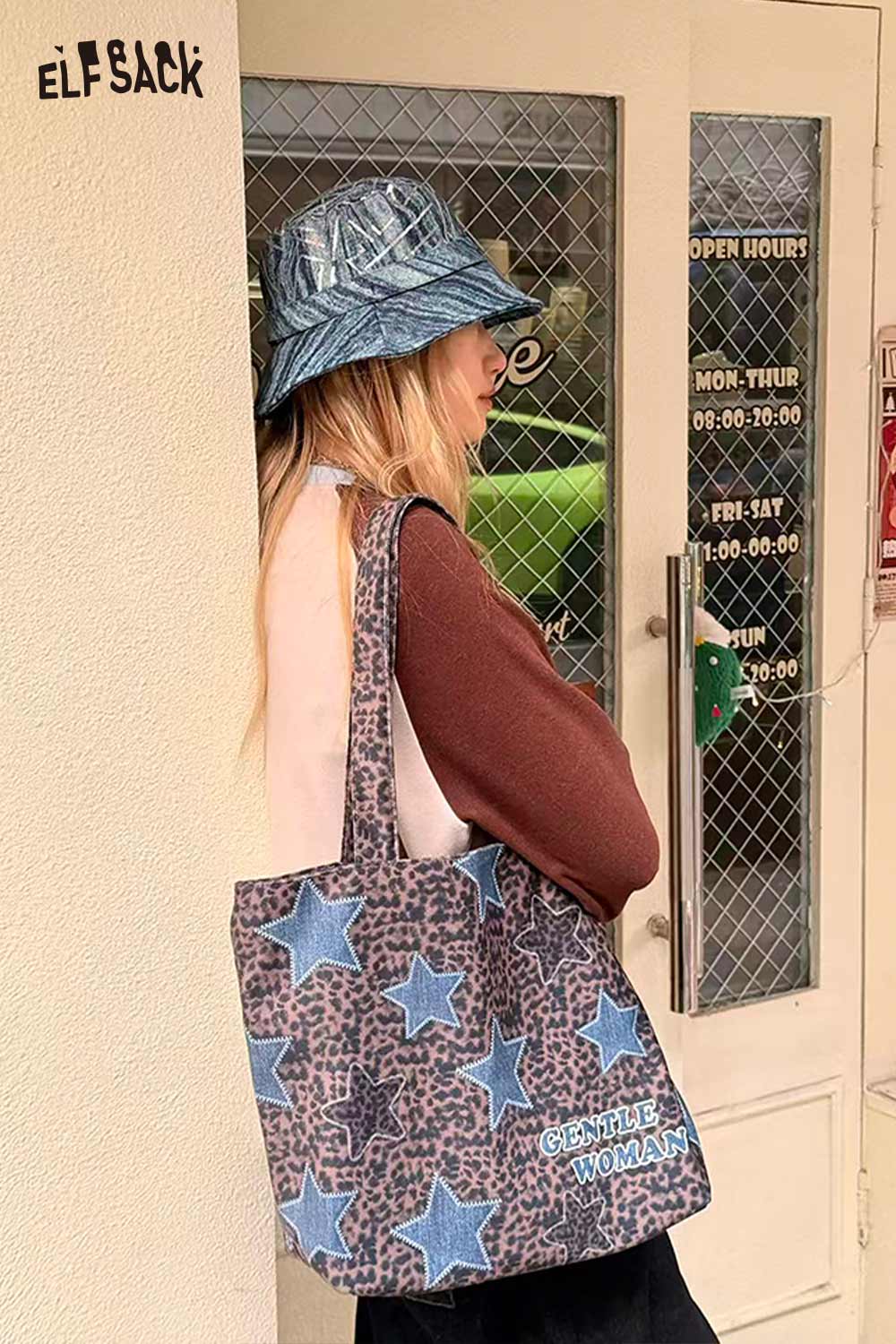 ELFSACK Vintage Versatile Leopard Star Denim Patchwork Red Plaid Shoulder Bag