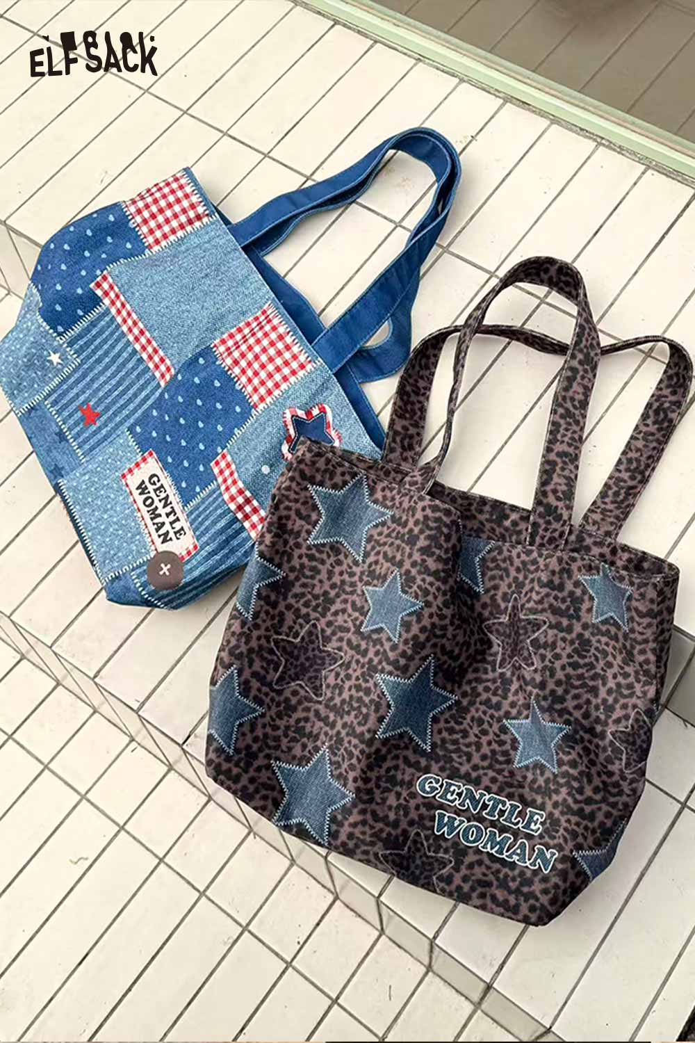 ELFSACK Vintage Versatile Leopard Star Denim Patchwork Red Plaid Shoulder Bag