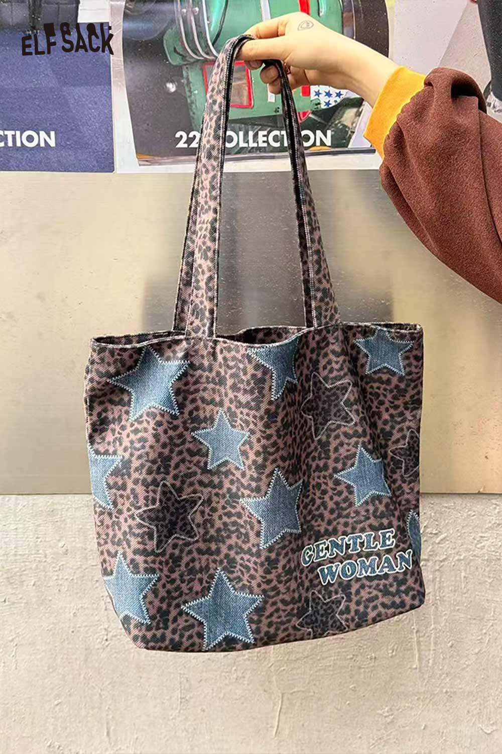 ELFSACK Vintage Versatile Leopard Star Denim Patchwork Red Plaid Shoulder Bag