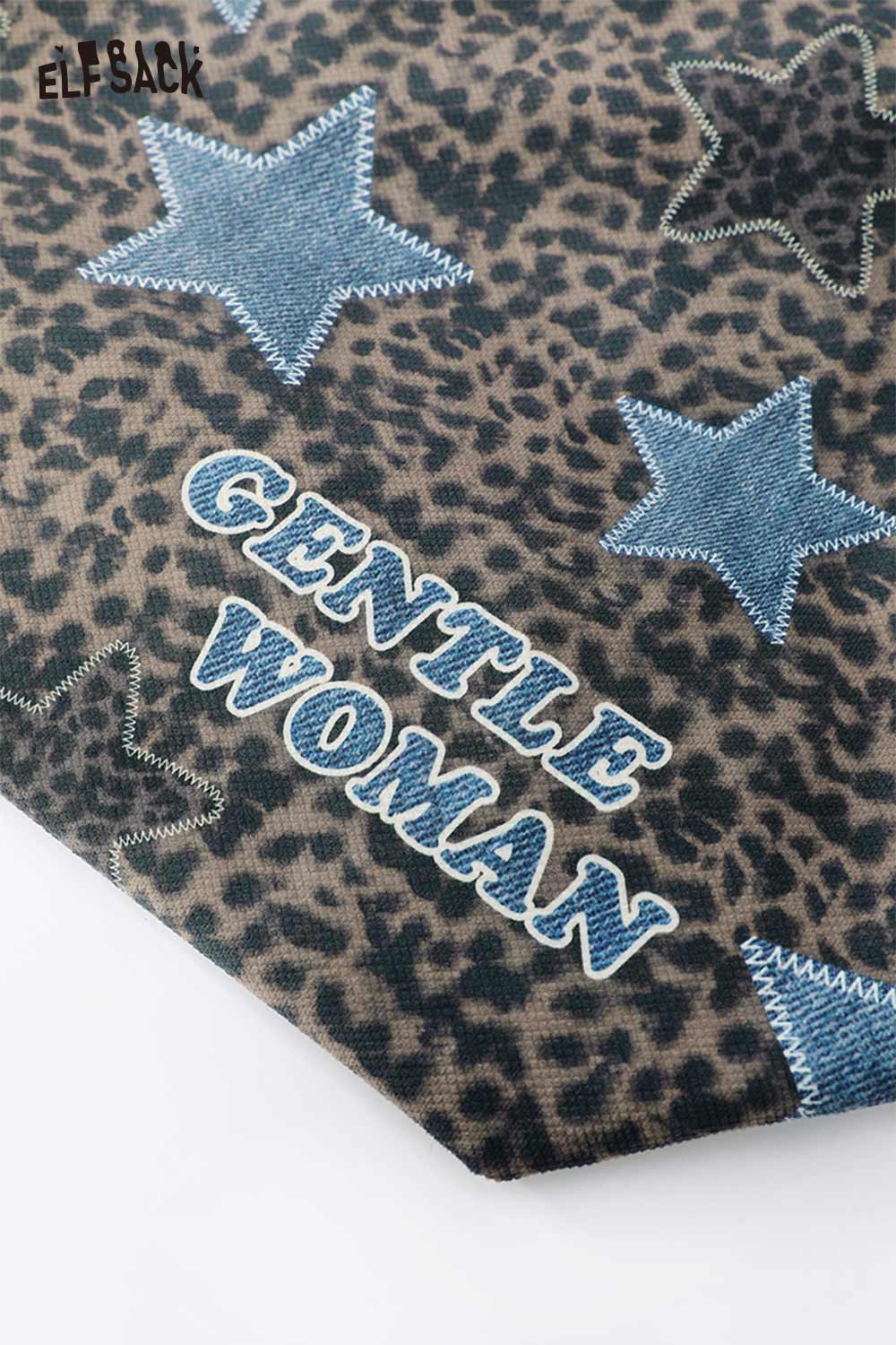 ELFSACK Vintage Versatile Leopard Star Denim Patchwork Red Plaid Shoulder Bag