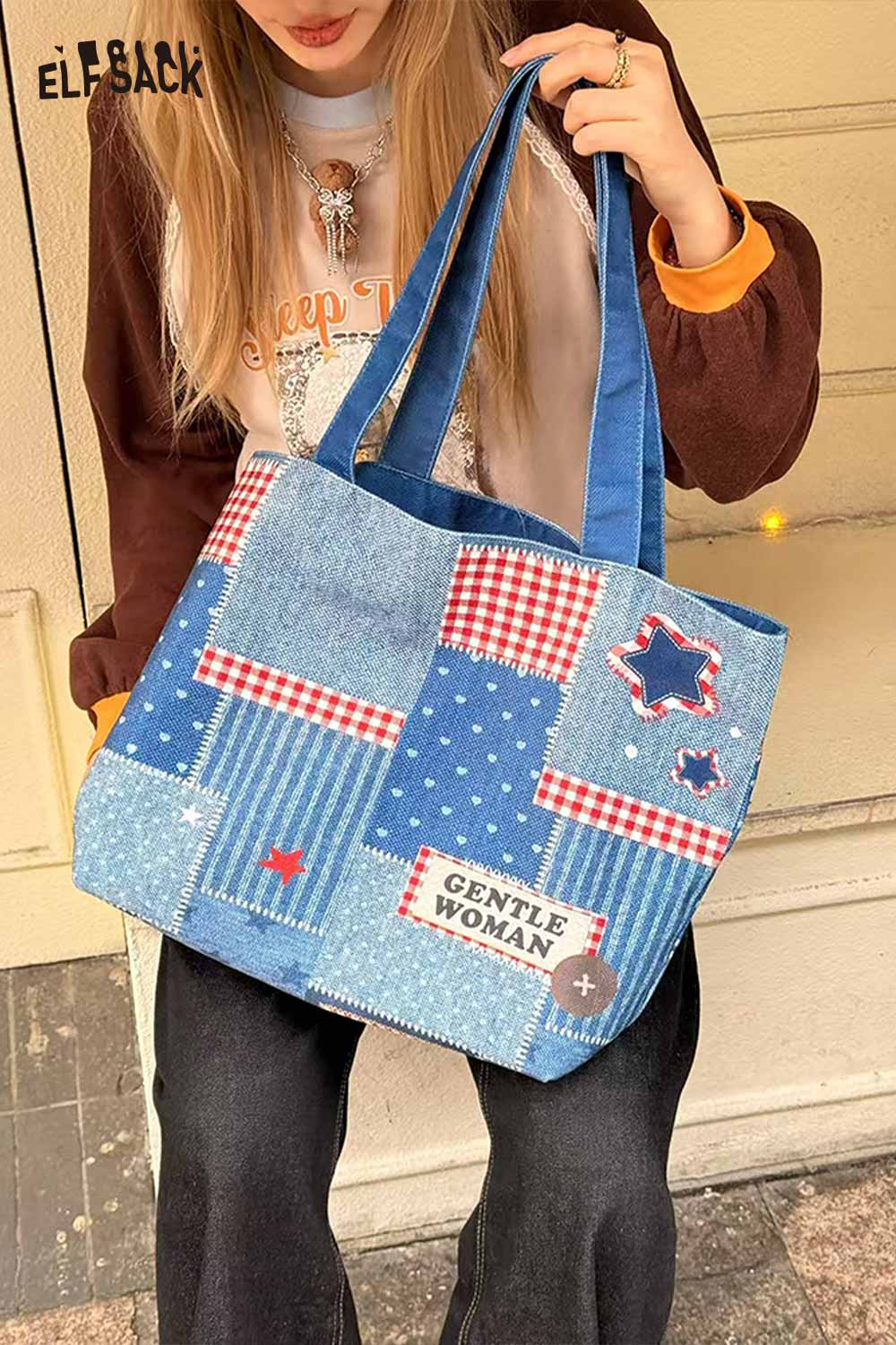 ELFSACK Vintage Versatile Leopard Star Denim Patchwork Red Plaid Shoulder Bag