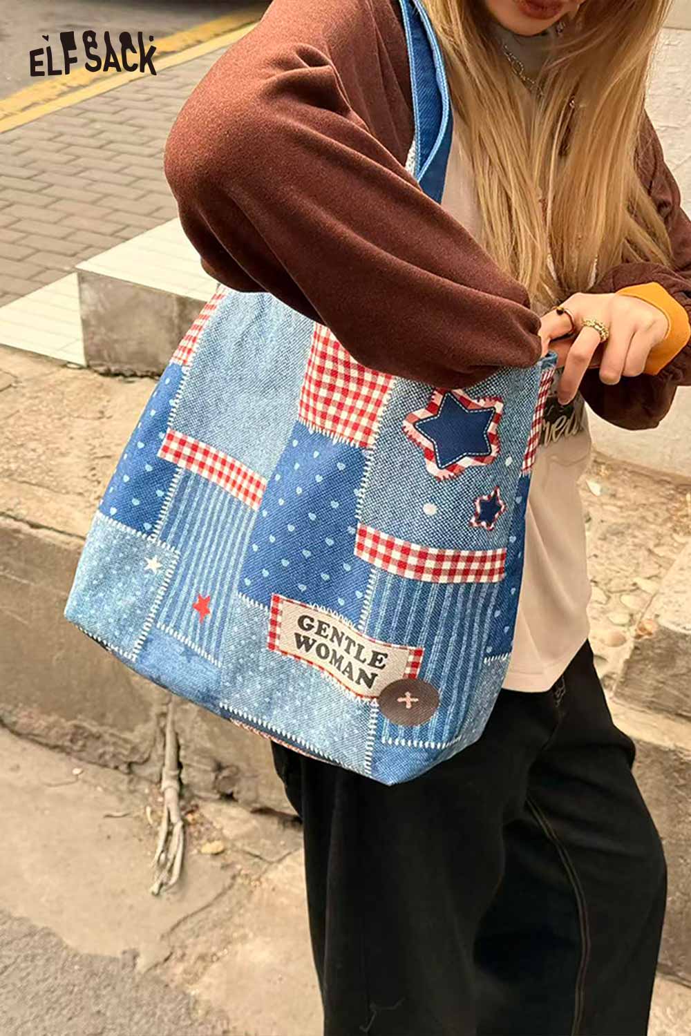ELFSACK Vintage Versatile Leopard Star Denim Patchwork Red Plaid Shoulder Bag