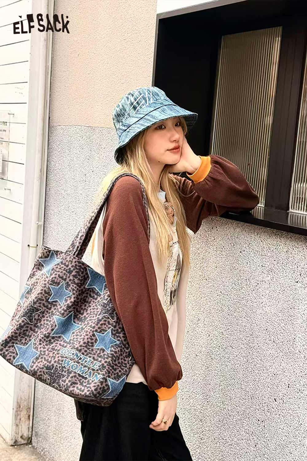 ELFSACK Vintage Versatile Leopard Star Denim Patchwork Red Plaid Shoulder Bag
