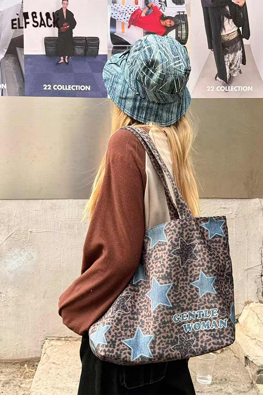 ELFSACK vintage leopard star patchwork bag featured with a casual outfit and a stylish bucket hat