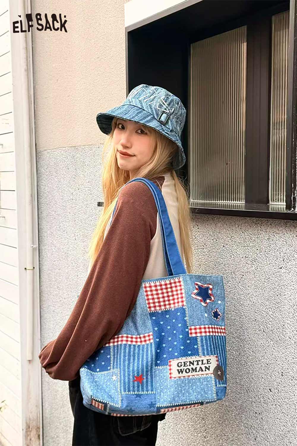 ELFSACK Vintage Versatile Leopard Star Denim Patchwork Red Plaid Shoulder Bag