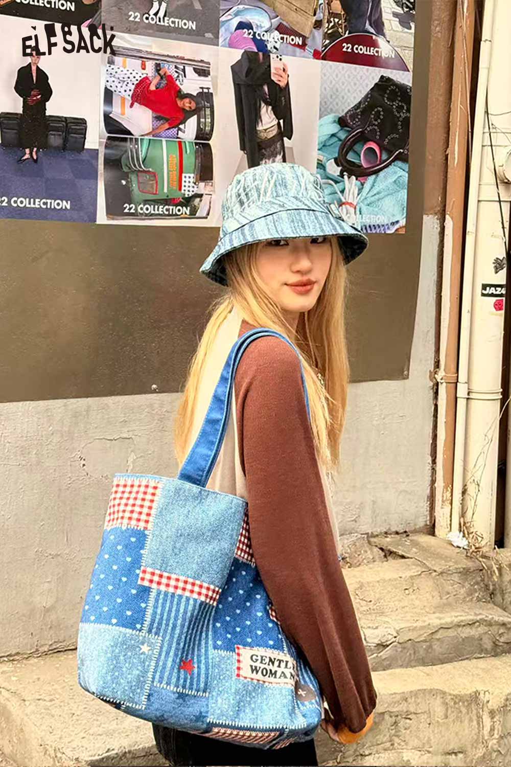 ELFSACK Vintage Versatile Leopard Star Denim Patchwork Red Plaid Shoulder Bag