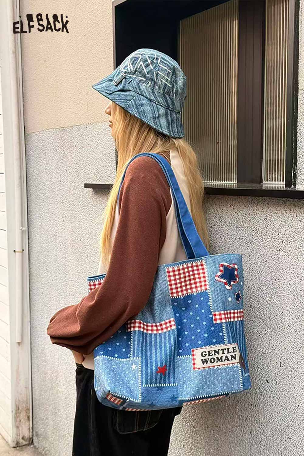 ELFSACK Vintage Versatile Leopard Star Denim Patchwork Red Plaid Shoulder Bag