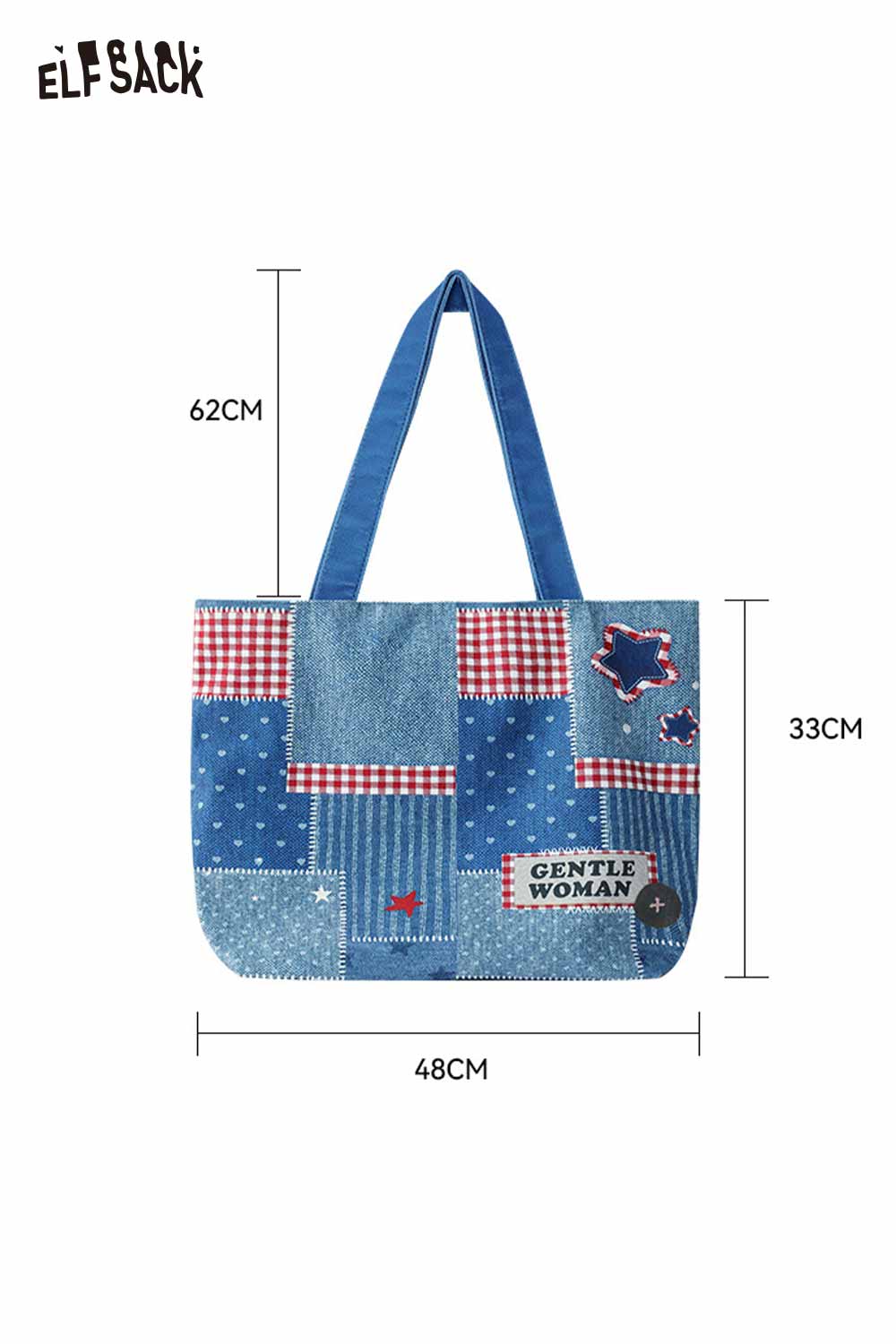 ELFSACK vintage leopard star patchwork bag with denim and colorful fabric patterns