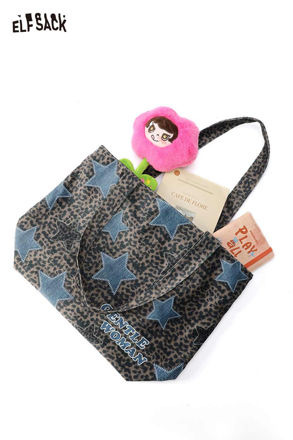 ELFSACK Vintage Versatile Leopard Star Denim Patchwork Red Plaid Shoulder Bag