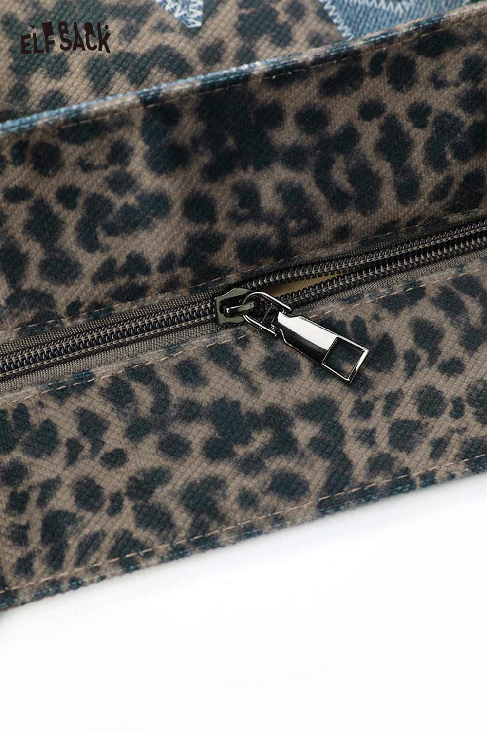 ELFSACK Vintage Versatile Leopard Star Denim Patchwork Red Plaid Shoulder Bag