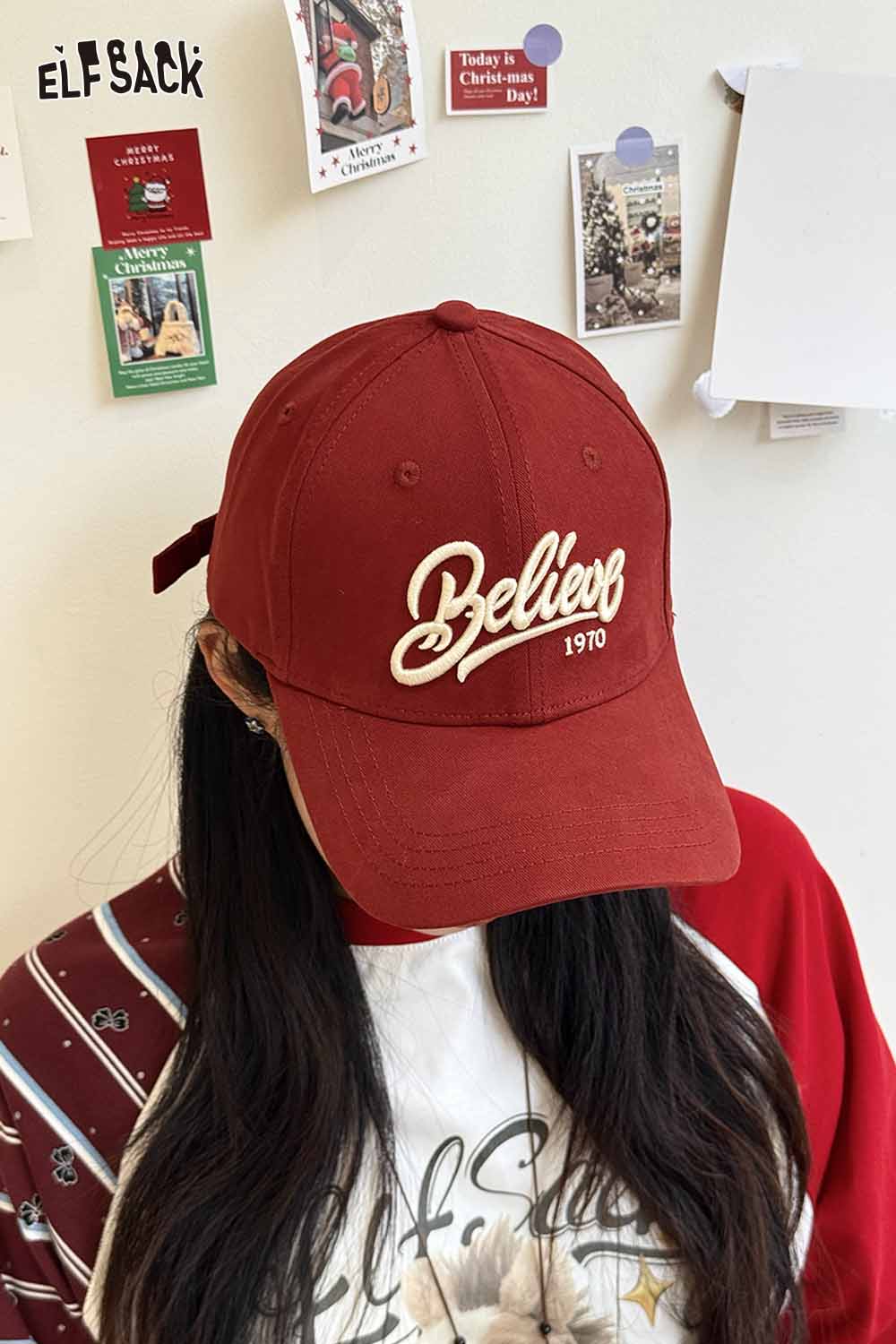 ELFSACK vintage letter embroidery baseball cap in red with 'Believe' design for a stylish look