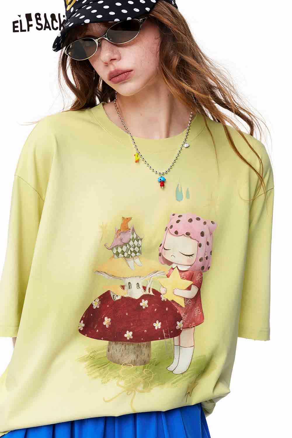 ELFSACK Vintage Mushroom Girl Oversized T-Shirt