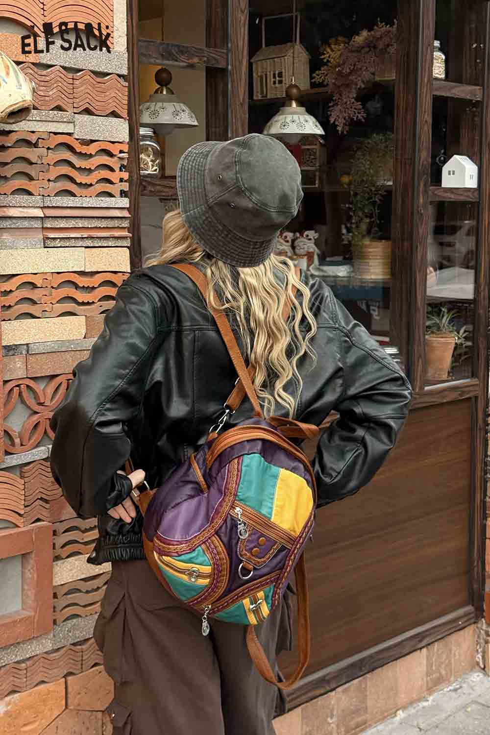ELFSACK Vintage Colorful Patchwork Leather Backpack