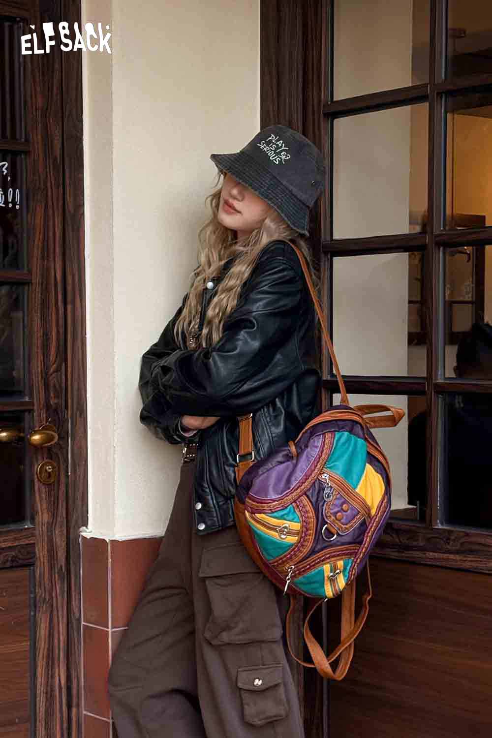 ELFSACK Vintage Colorful Patchwork Leather Backpack