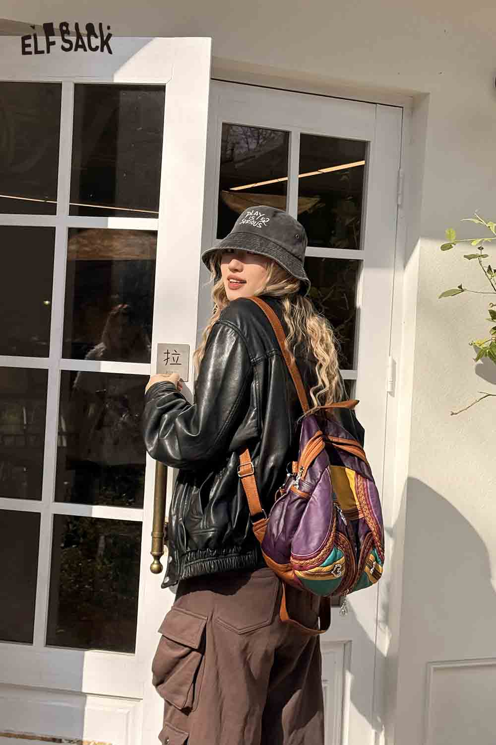 ELFSACK Vintage Colorful Patchwork Leather Backpack