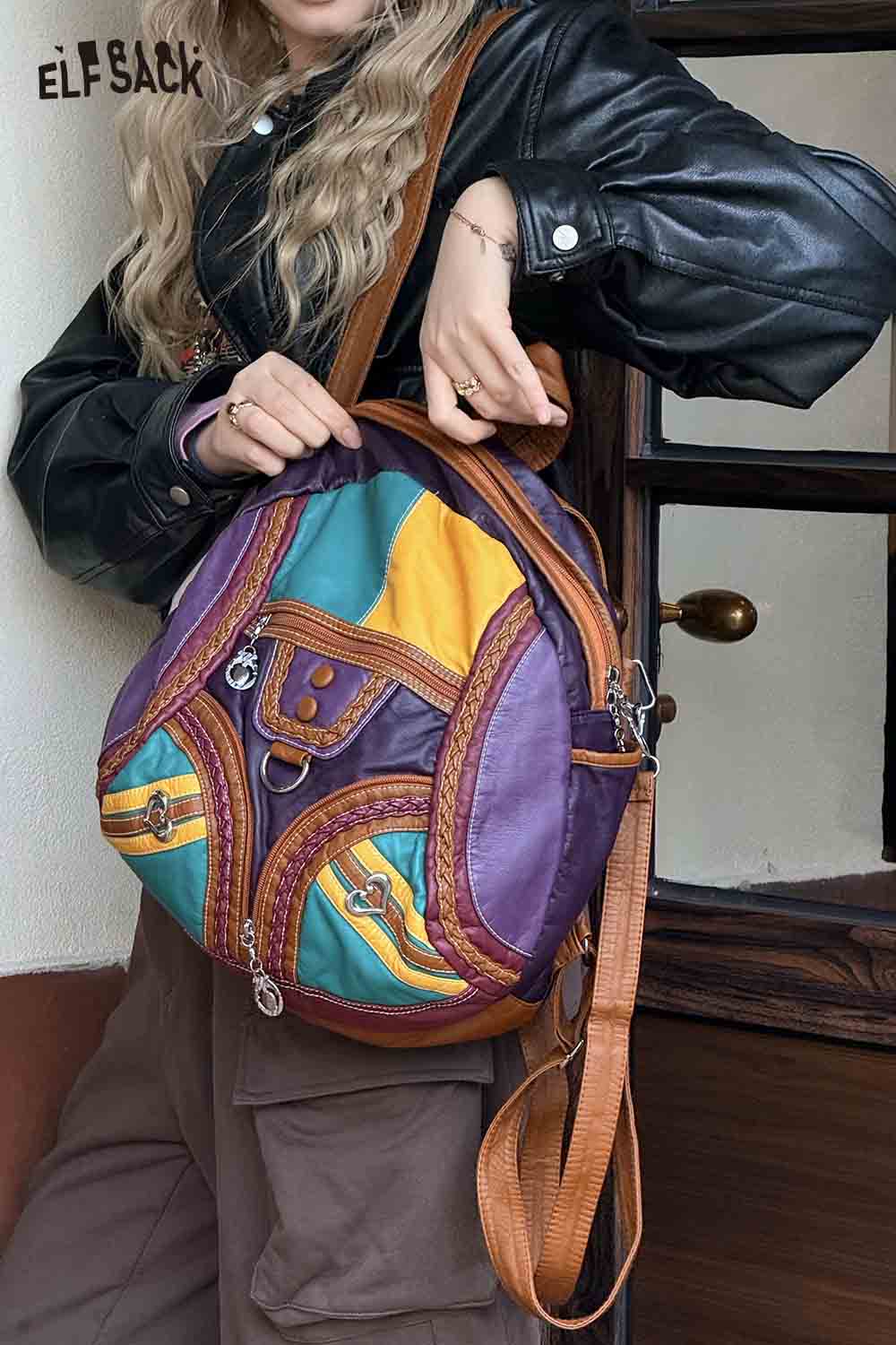 ELFSACK Vintage Colorful Patchwork Leather Backpack