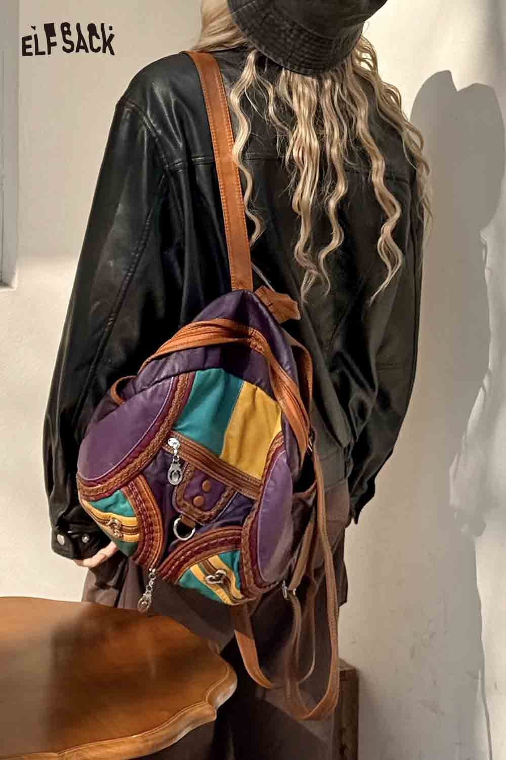 ELFSACK Vintage Colorful Patchwork Leather Backpack