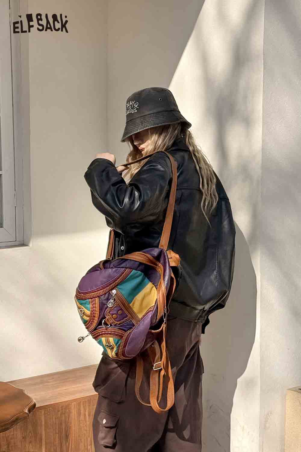 ELFSACK Vintage Colorful Patchwork Leather Backpack
