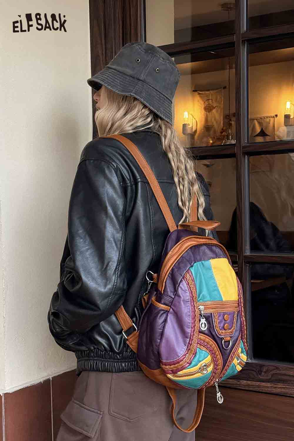 ELFSACK Vintage Colorful Patchwork Leather Backpack