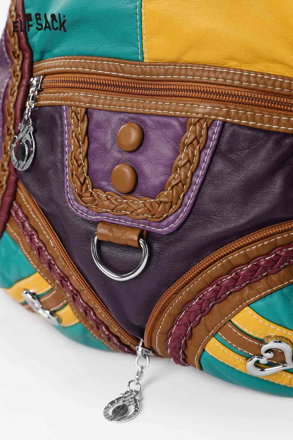ELFSACK Vintage Colorful Patchwork Leather Backpack